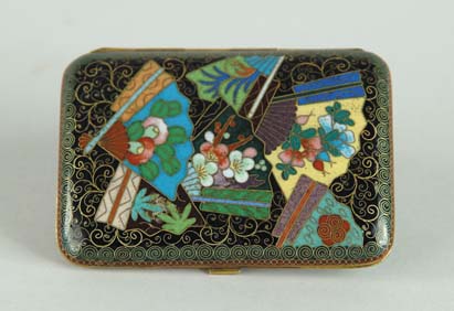 Appraisal: CLOISONN CIGARETTE CARD BOX Black ground with multiple fan decoration