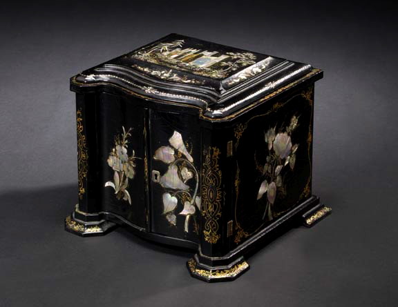 Appraisal: Elegant English Black-Lacquered Combination Workbox and Jewel Cabinet third quarter