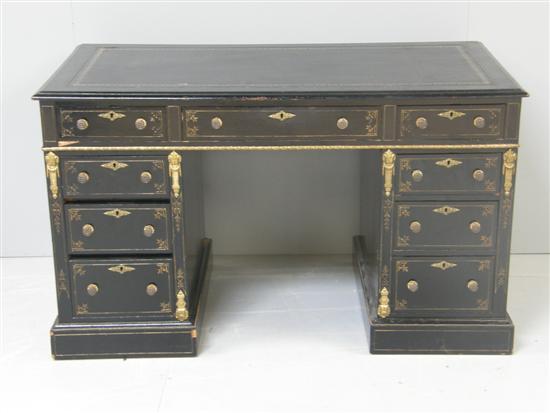 Appraisal: Ebonised pedestal desk with gilt metal mounts with inset black