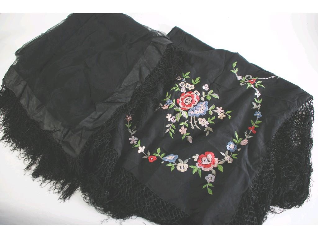 Appraisal: BLACK SILK SHAWL floral embroidered and with long silk shawl