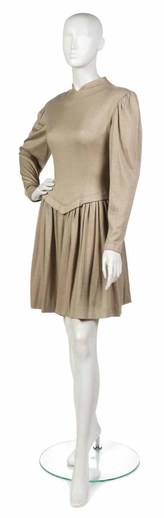 Appraisal: A Pauline Trigere Taupe Cashmere Dress princess sleeves dropwaist and