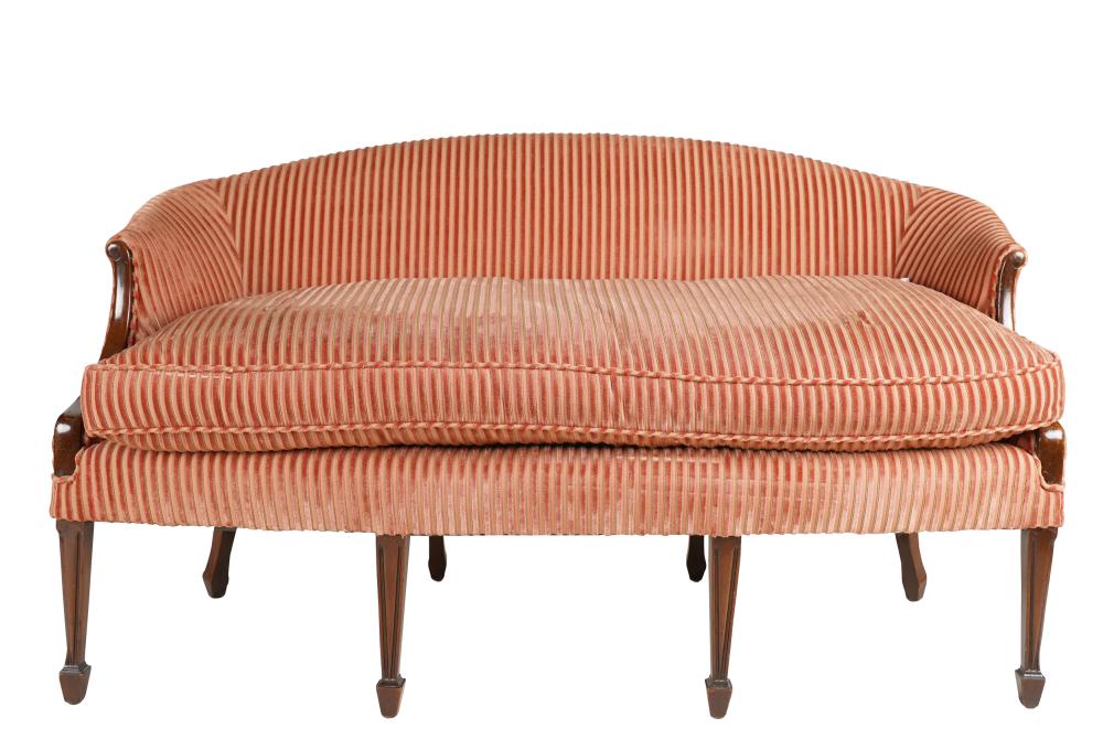 Appraisal: HEPPLEWHITE-STYLE SOFAcovered with striped cut velvet on mahogany legs inches