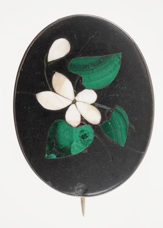 Appraisal: Sterling oval Pietra Dura pendant black ground with inlay floral