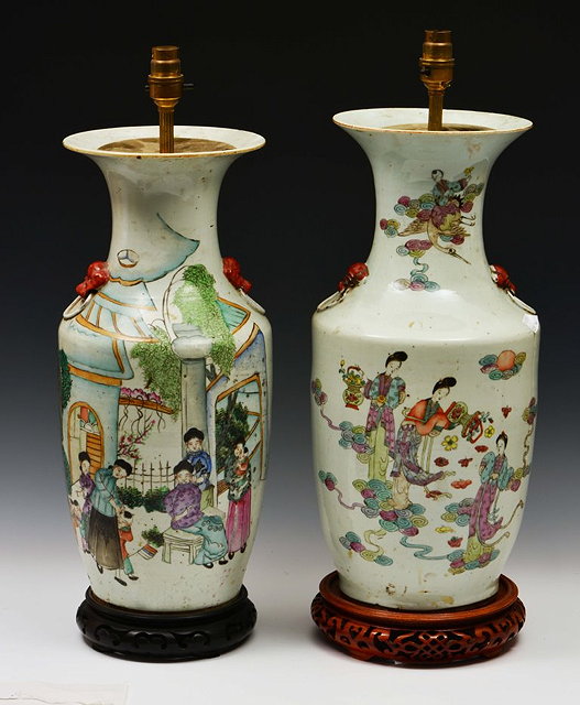 Appraisal: A PAIR OF CHINESE PORCELAIN VASES converted to lamps depicting