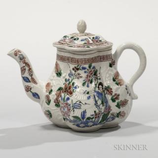 Appraisal: Staffordshire Enameled Salt-glazed Stoneware Teapot and Cover England c molded