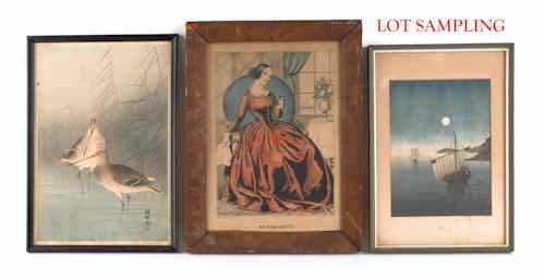 Appraisal: Five N Currier lithographs together with three Chinese paintings on