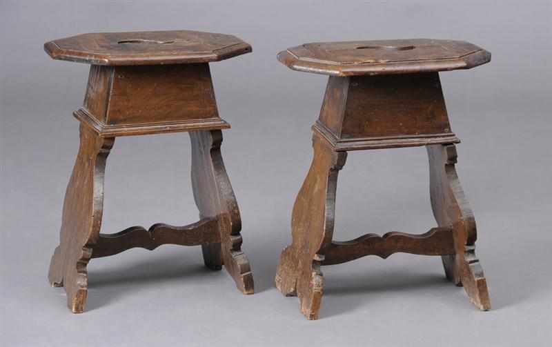 Appraisal: PAIR OF ITALIAN BAROQUE WALNUT STOOLS Each with an octagonal-shaped