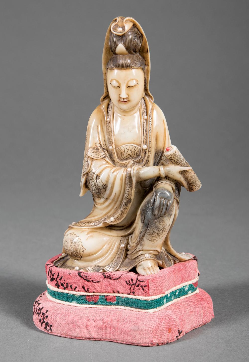 Appraisal: Chinese Shoushan Soapstone Figure of Guanyin carved seated wearing a