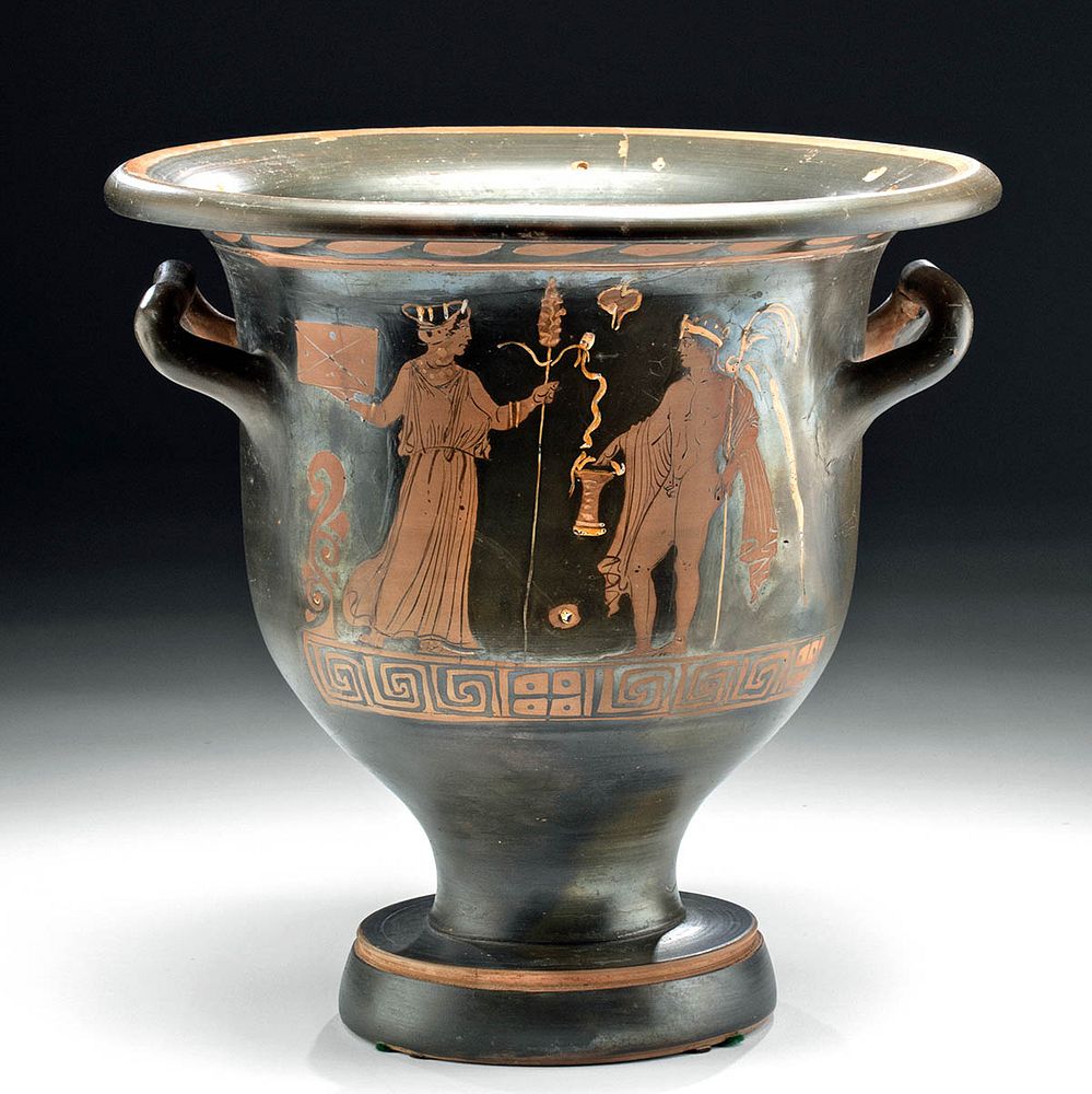 Appraisal: Greek Apulian Red-Figure Bell Krater Maenad Youths Magna Graecia South