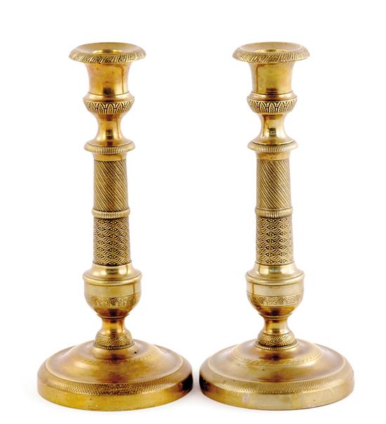 Appraisal: Pair Louis XVI brass candlesticks th century engine-turned and decorated