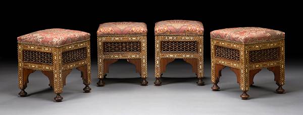 Appraisal: A set of four Levantine parquetry inlaid stools Each with