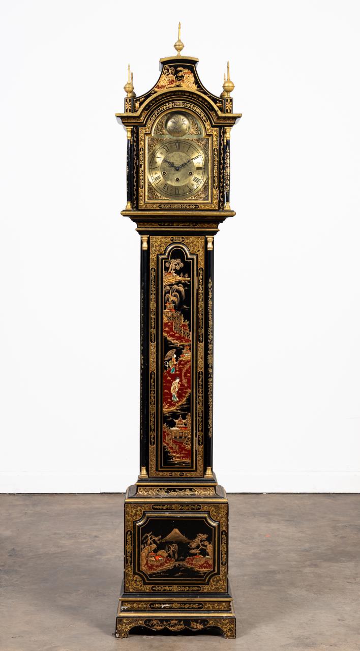 Appraisal: URGOS CHINOISERIE DECORATED BLACK TALL CASE CLOCK Urgos Watch Factory