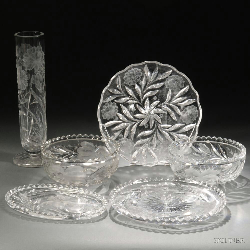 Appraisal: Five Pieces of Hawkes Colorless Gravic Glass Corning New York