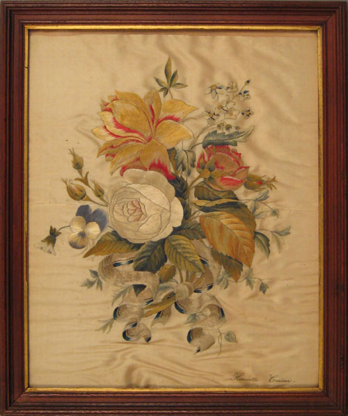 Appraisal: English silk on silk embroidered floral picture ca inscribed Henriette