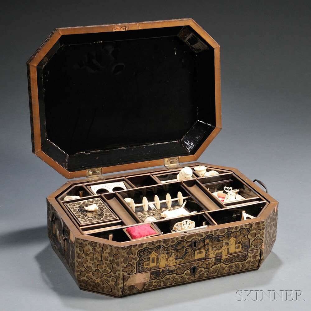 Appraisal: Export Lacquerware Sewing Box with Ivory Implements China th th