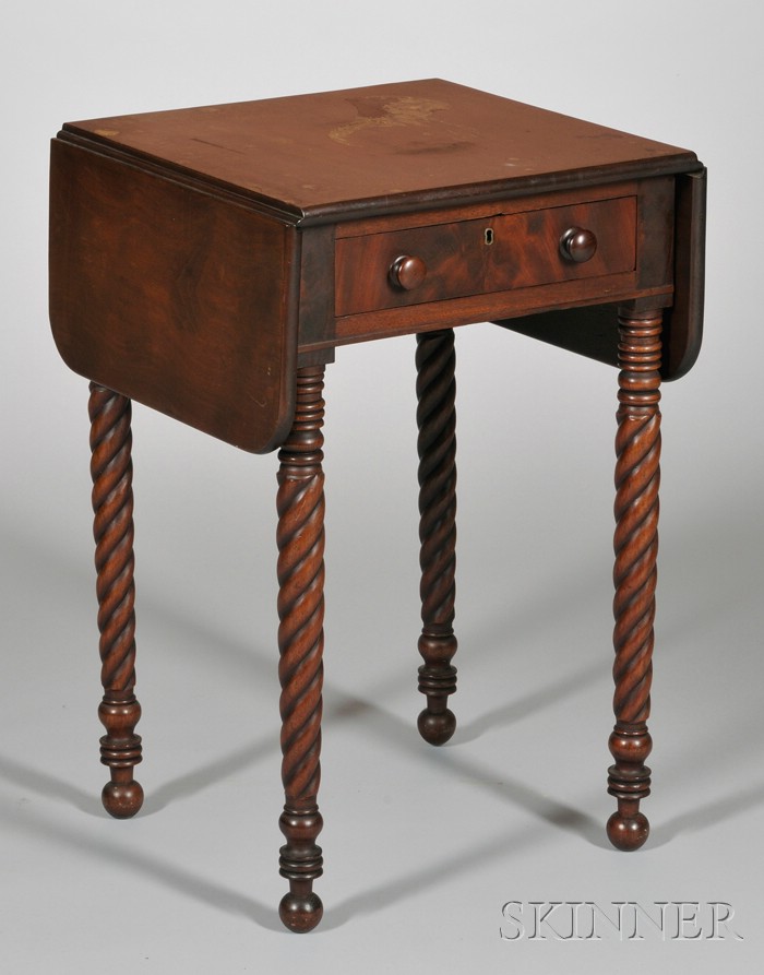 Appraisal: Classical Mahogany and Mahogany Veneer Drop-leaf One-Drawer Stand with Rope-turned