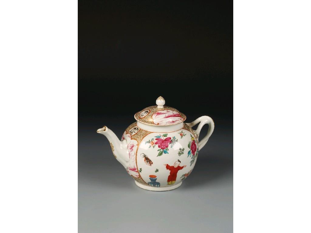 Appraisal: A FIRST PERIOD WORCESTER FAMILLE ROSE TEAPOT AND COVER painted