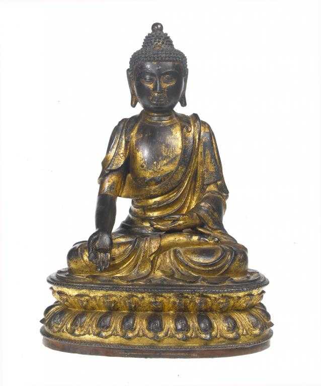 Appraisal: A CHINESE LACQUERED BRONZE FIGURE OF BUDDHA seated with legs