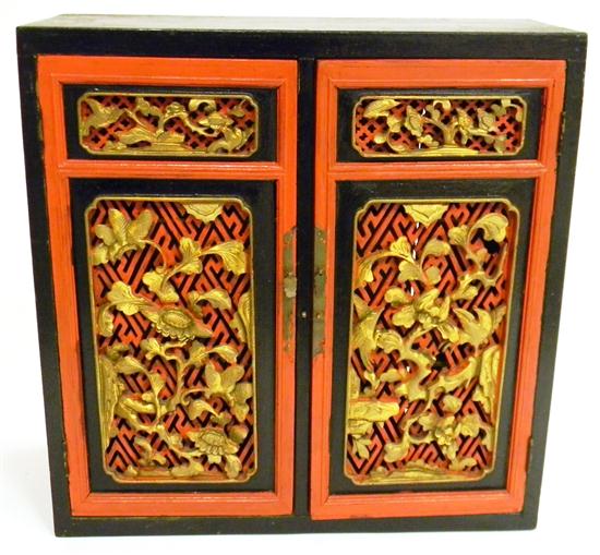 Appraisal: th C Chinese table cupboard black and red lacquer gilt