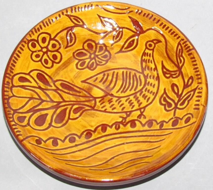 Appraisal: NED FOLTZ REDWARE PLATEsgraffito bird decoration signed and dated no