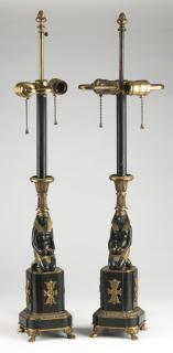 Appraisal: Egyptian Revival bronze table lamps h Pair of French patinated