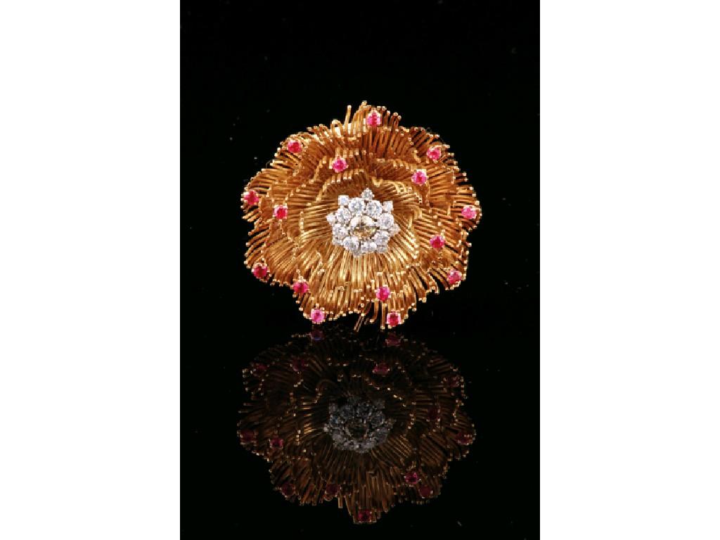 Appraisal: A 'S RUBY AND DIAMOND BROOCH the yellow gold flowerhead