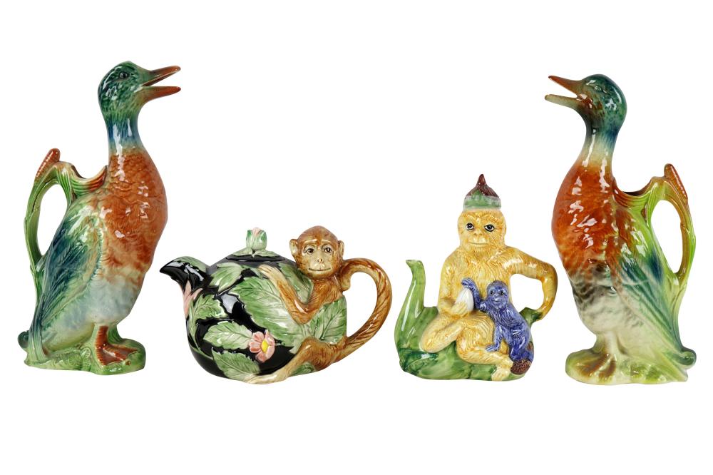 Appraisal: FOUR FIGURAL PORCELAIN PITCHERS TEAPOTScomprising two duck pitchers one marked