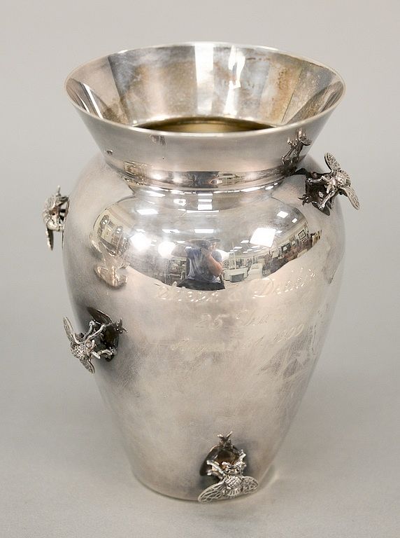 Appraisal: Sterling silver Thistle and Bee vase with six molded bee