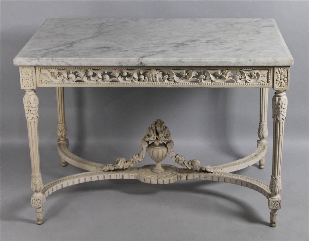 Appraisal: LOUIS XVI STYLE MARBLE TOPPED PAINTED WOOD FOYER TABLE molded