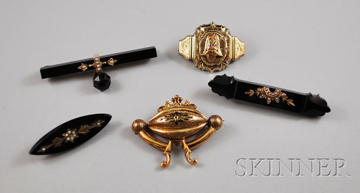 Appraisal: Five Victorian Brooches three onyx and seed pearl mourning brooches