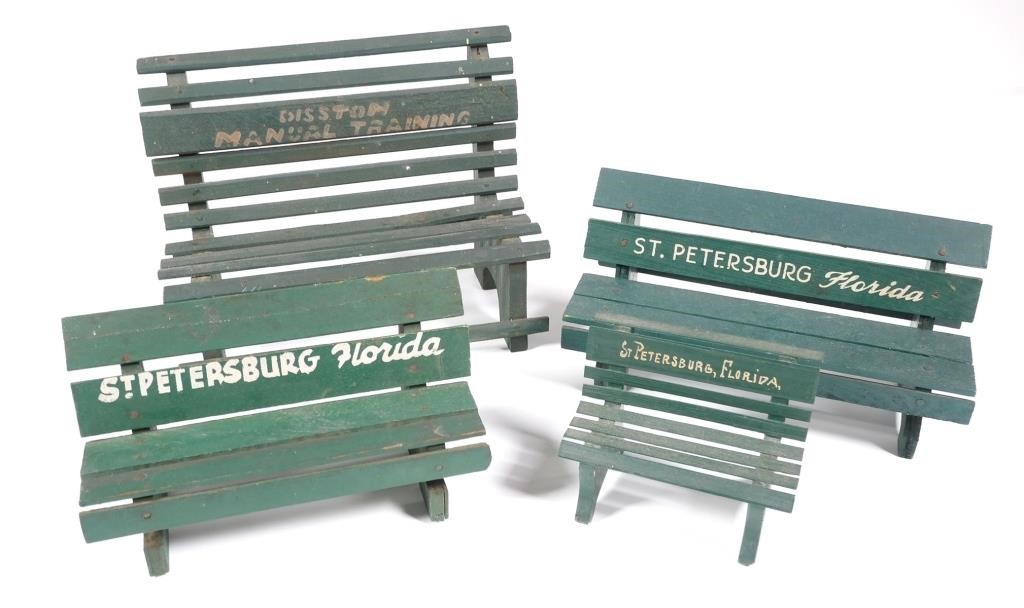 Appraisal: Four wood green benches miniatures of those that dotted downtown