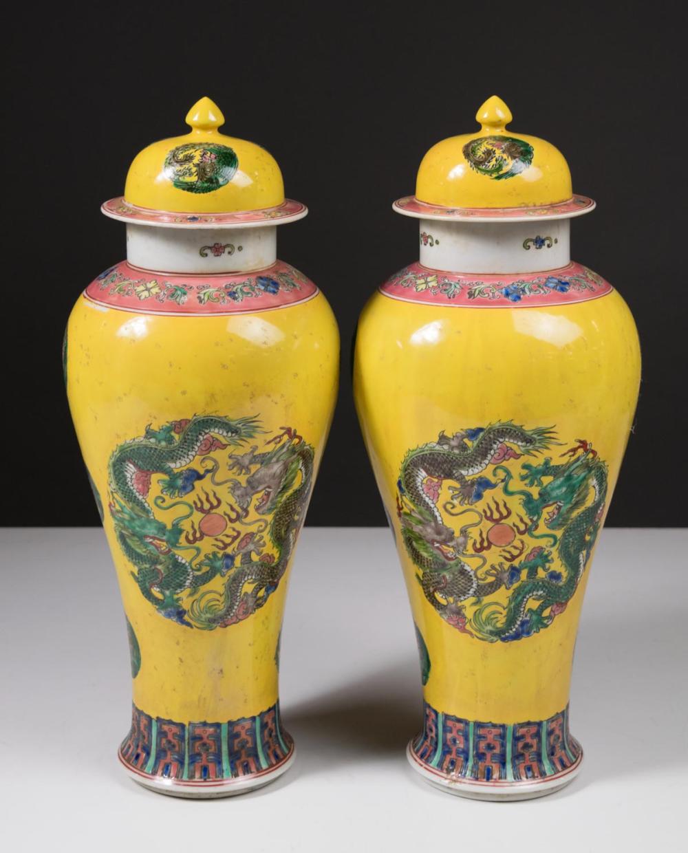 Appraisal: PAIR OF CHINESE PORCELAIN LIDDED VASES each of mieping form