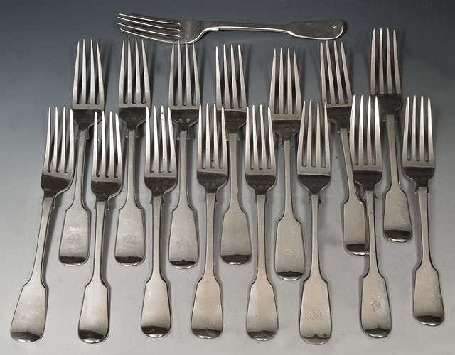 Appraisal: A SET OF ELEVEN SILVER FIDDLE PATTERN DESSERT FORKS monogrammed