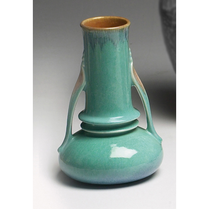 Appraisal: Roseville Orion vase double handled shape in turquoise w x