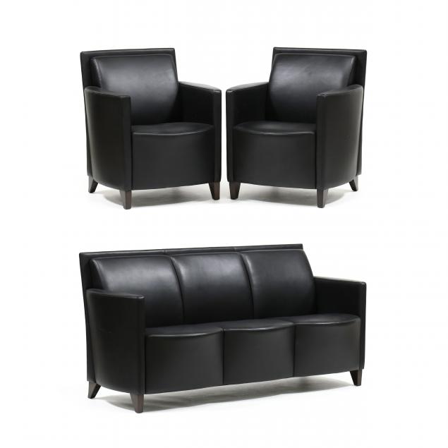 Appraisal: KRUG MODERN LEATHER SOFA AND CLUB CHAIRS Contemporary black leather