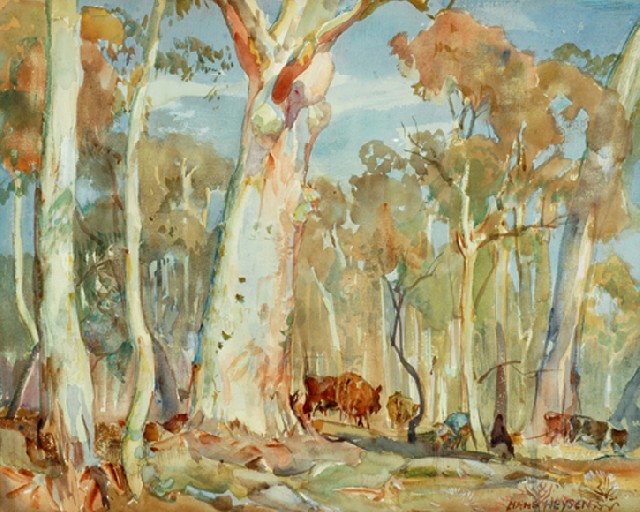 Appraisal: Hans Heysen - Cows Grazing by the Gums watercolour signed