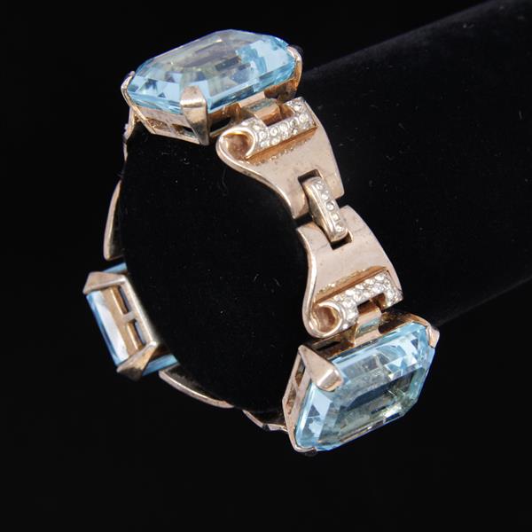 Appraisal: Trifari Sterling Vermeil Scroll Link Bracelet with large aqua crystal