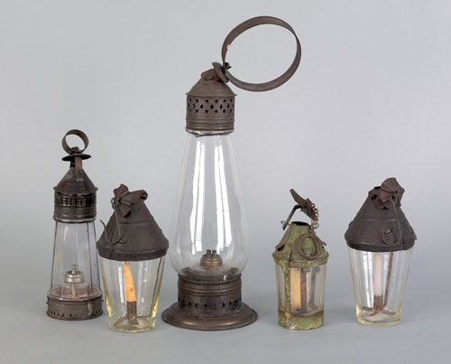 Appraisal: Collection of five tin and colorless glass lanterns th c