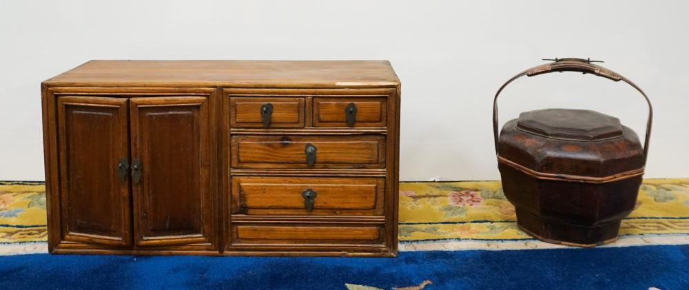 Appraisal: Asian Wood Table Top Side Cabinet and a Basket