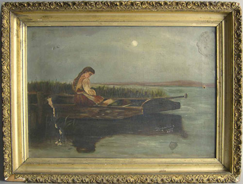 Appraisal: Oil on canvas of a woman in a boat signed