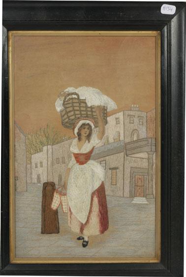 Appraisal: A NEEDLEWORK PICTURE of a woman carrying a basket of