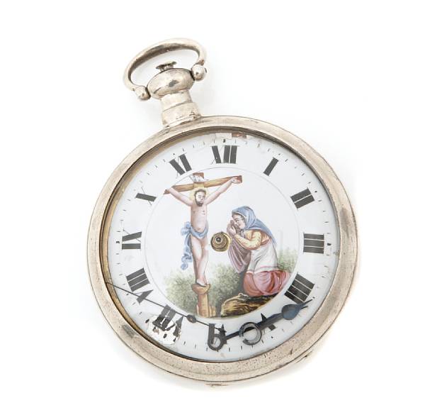 Appraisal: A silver case open face pocket watch with crucifixion scene