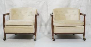 Appraisal: Pr Modernist Open Arm Lounge Chairs Selig Style Tufted Fabric