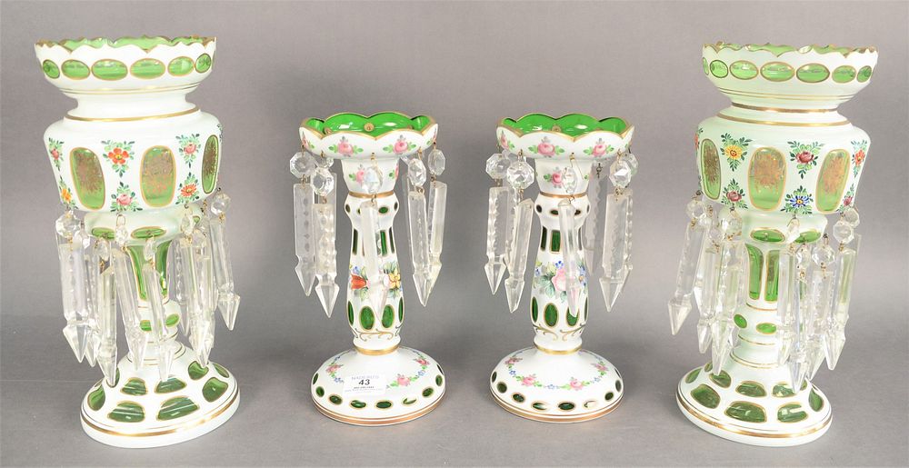 Appraisal: Two Pairs of Overlay Green Glass Lusters heights and inches