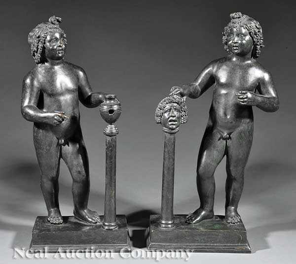 Appraisal: A Pair of Italian Patinated Bronze Allegorical Figures of Comedy