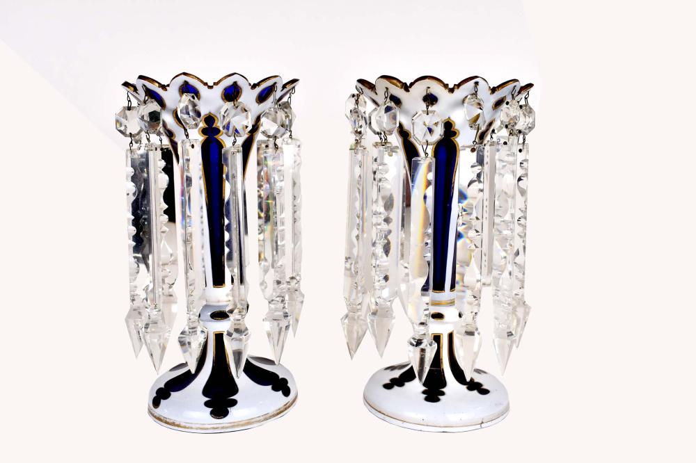 Appraisal: PAIR OF BOHEMIAN WHITE CUT TO BLUE GLASS LUSTERSMid to