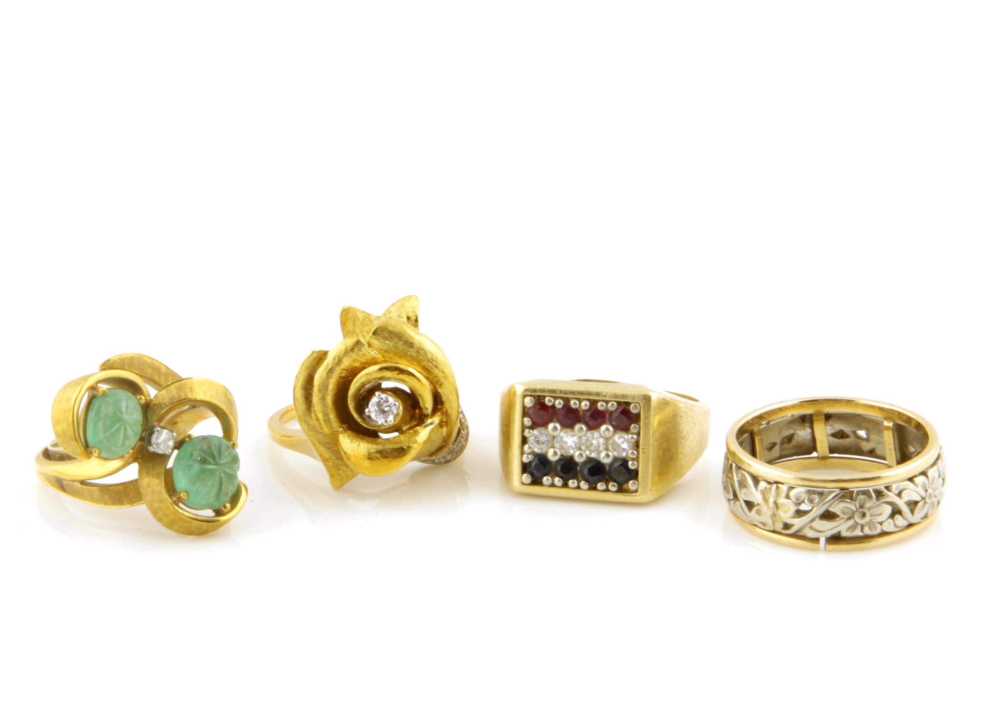 Appraisal: A collection of four gem-set and gold rings together with