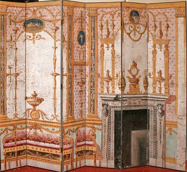 Appraisal: A Neoclassical style painted paper six panel folding floor screen