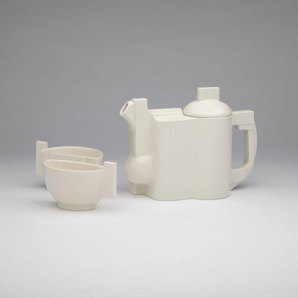 Appraisal: White-Glazed Earthenware Suprematist Teapot and Two Cups after Kazimir Malevich