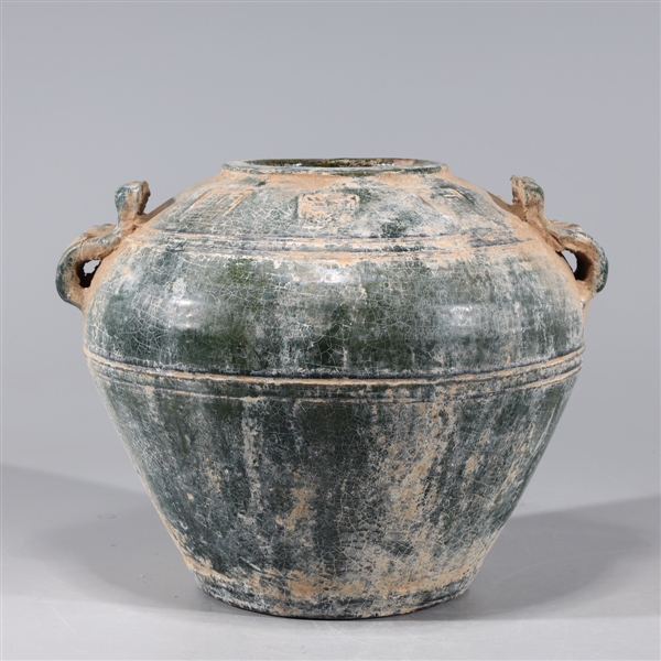 Appraisal: Chinese early style crackle glazed ceramic vessel with molded handles